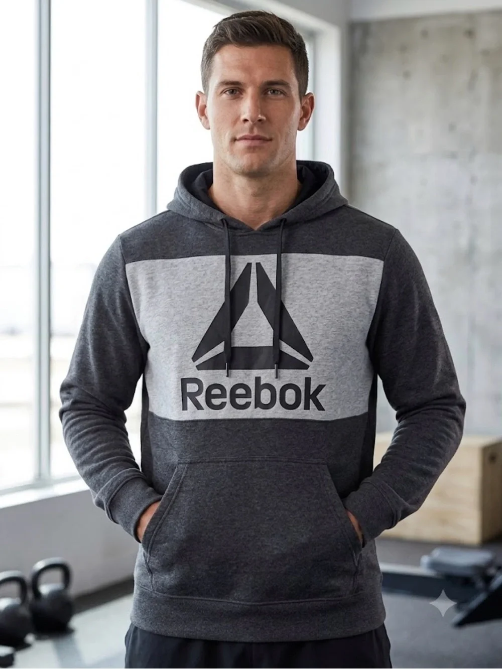 Reebok Men's Charcoal and Light Gray Logo Pullover Hoodie